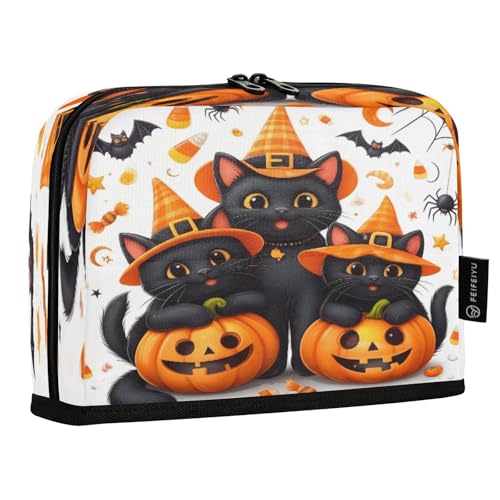 JUMBEAR Federmäppchen, Motiv: Halloween-Kürbis-Motiv, niedliche schwarze Katzen, großes Fassungsvermögen, Stifteetui, Tasche, Halter, Schreibwaren, Schreibtisch-Organizer, Kosmetiktasche mit von JUMBEAR