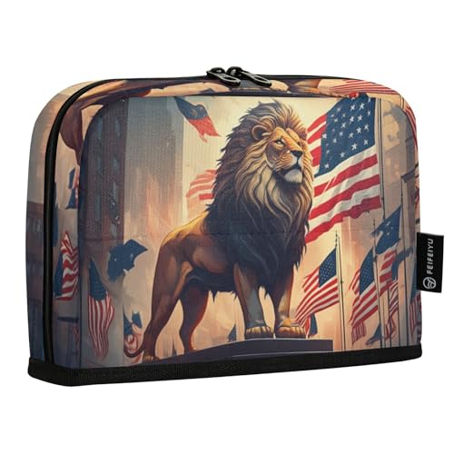 JUMBEAR Federmäppchen mit Löwe und der amerikanischen Flagge, großes Fassungsvermögen, Stifteetui, Schreibwaren, Schreibtisch-Organizer, Kosmetiktasche mit Reißverschluss, für Schule, Büro, Reisen von JUMBEAR
