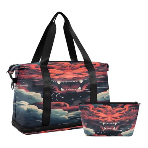 JUMBEAR Fierce Red Dragon Sporttasche mit Nasstasche, Reisetasche für Damen und Herren, große Kapazität, Reisetasche mit Schultergurt, für Fitnessstudio, Reisen, Schwimmen, a, 48×22×39.5cm von JUMBEAR