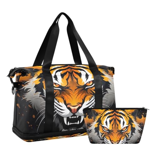 JUMBEAR Fierce Tiger Sporttasche mit Nasstasche, Reisetasche für Damen und Herren, große Kapazität, Reisetasche mit Schultergurt, für Fitnessstudio, Reisen, Schwimmen, a, 48×22×39.5cm von JUMBEAR