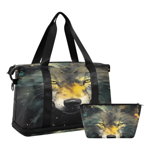 JUMBEAR Fierce Wolf Sporttasche mit Nasstasche, Reisetasche für Damen und Herren, große Kapazität, Reisetasche mit Schultergurt, für Fitnessstudio, Reisen, Schwimmen, a, 48×22×39.5cm von JUMBEAR