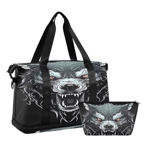 JUMBEAR Fierce Wolf Sporttasche mit Nasstasche, Reisetasche für Damen und Herren, große Kapazität, Reisetasche mit Schultergurt, für Fitnessstudio, Reisen, Schwimmen, a, 48×22×39.5cm von JUMBEAR