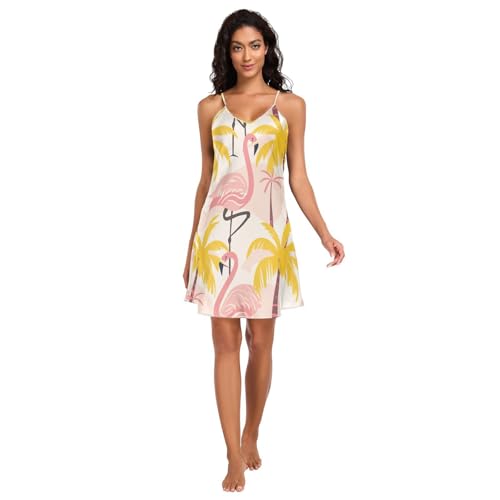 JUMBEAR Flamingo Damen Satin Negligee Nachthemd Slips Nighty Chemise Nachthemd Nachtwäsche V-Ausschnitt Nachtwäsche Kurzes Kleid, a, L von JUMBEAR
