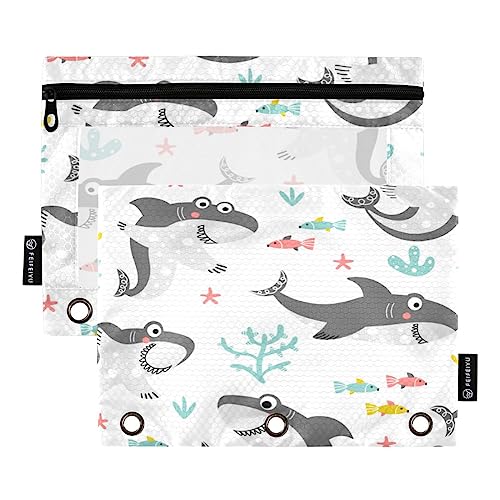 JUMBEAR Funny Sharks 3 Ringbuch-Beutel, 2 Stück, mit Reißverschluss, für Büro, Uni, Schule, Kosmetik, a, 9.8 x 7 inches, Taschen-Organizer von JUMBEAR