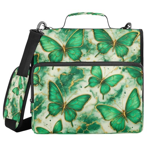 JUMBEAR Grüner Schmetterlings-Ordner mit Reißverschluss, mit Schultergurt, 3,8 cm O-Ringe, Fächermappe, mehrere Taschen, Kapazität 600 Blatt von JUMBEAR