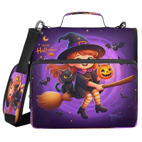 JUMBEAR Halloween-Hexen-Ordner mit Reißverschluss, mit Schultergurt, 3,8 cm O-Ringe, Fächermappe, mehrere Taschen, Kapazität 600 Blatt von JUMBEAR