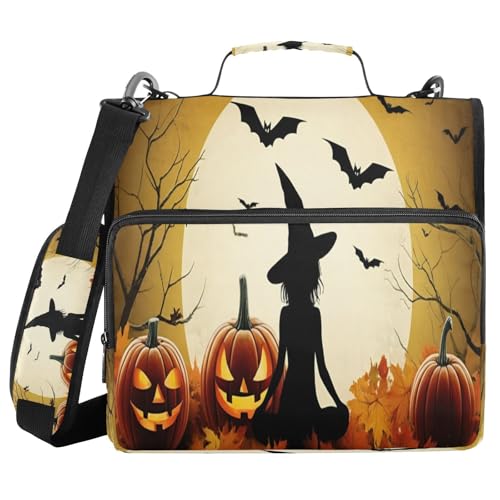 JUMBEAR Halloween-Hexen-Ordner mit Reißverschluss, mit Schultergurt, 3,8 cm O-Ringe, Fächermappe, mehrere Taschen, Kapazität 600 Blatt von JUMBEAR