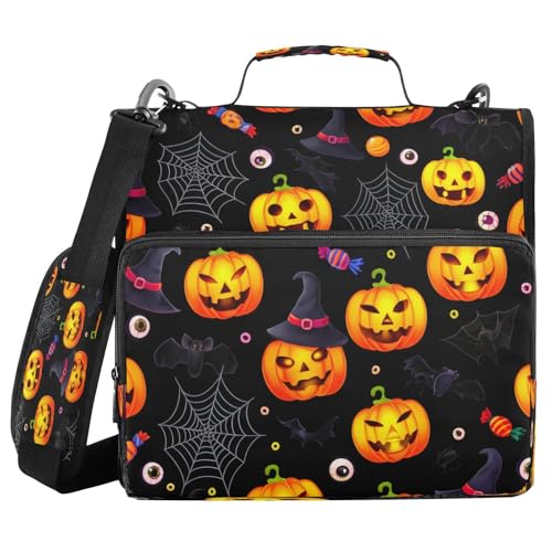 JUMBEAR Halloween-Kürbis-Ordner mit Reißverschluss, mit Schultergurt, 3,8 cm O-Ringe, Fächermappe, mehrere Taschen, Kapazität 600 Blatt von JUMBEAR