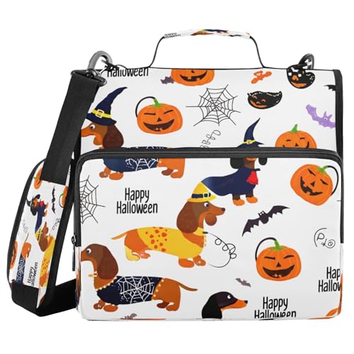 JUMBEAR Halloween-Ordner mit Reißverschluss, Motiv: Wursthund und Kürbis, mit Schultergurt, 3,8 cm O-Ringe, Fächermappe, mehrere Taschen, Kapazität 600 Blatt von JUMBEAR