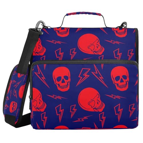 JUMBEAR Halloween-Ordner mit rotem Totenkopf-Reißverschluss, mit Schultergurt, 3,8 cm O-Ringe, Fächermappe, mehrere Taschen, Kapazität 600 Blatt von JUMBEAR