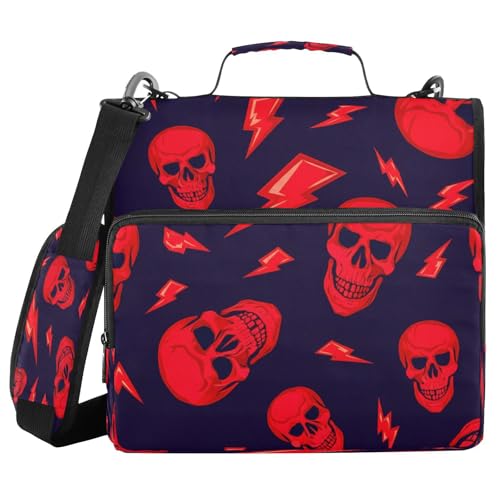 JUMBEAR Halloween-Ordner mit rotem Totenkopf-Reißverschluss, mit Schultergurt, 3,8 cm O-Ringe, Fächermappe, mehrere Taschen, Kapazität 600 Blatt von JUMBEAR