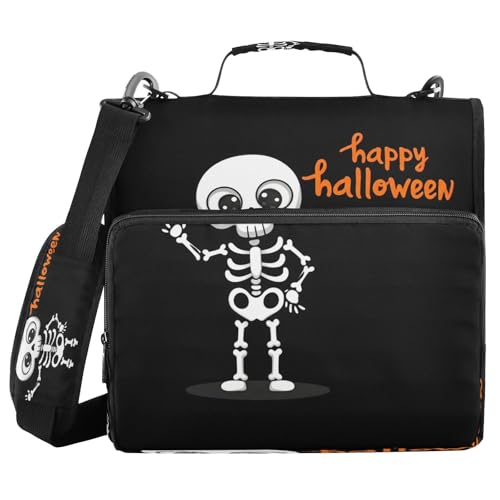 JUMBEAR Halloween-Skelett-Reißverschluss-Mappe mit Schultergurt, 3,8 cm O-Ringe, Fächermappe, mehrere Taschen, Kapazität 600 Blatt von JUMBEAR