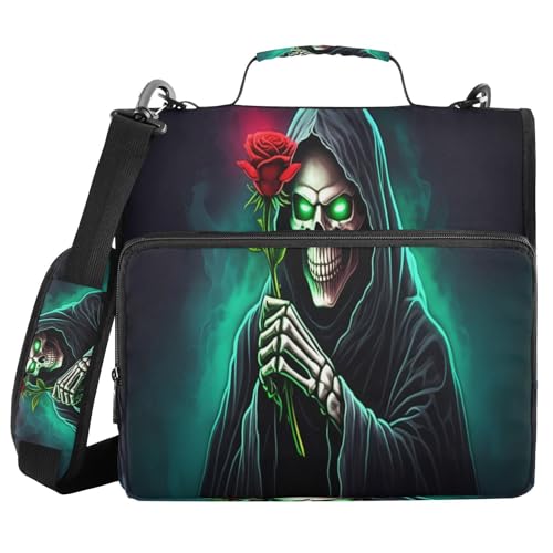 JUMBEAR Halloween-Totenkopf-Reißverschluss-Mappe mit Schultergurt, 3,8 cm O-Ringe, Fächermappe, mehrere Taschen, Kapazität 600 Blatt von JUMBEAR