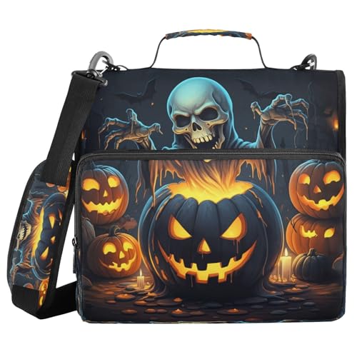 JUMBEAR Halloween-Totenkopf-Reißverschluss-Mappe mit Schultergurt, 3,8 cm O-Ringe, Fächermappe, mehrere Taschen, Kapazität 600 Blatt von JUMBEAR