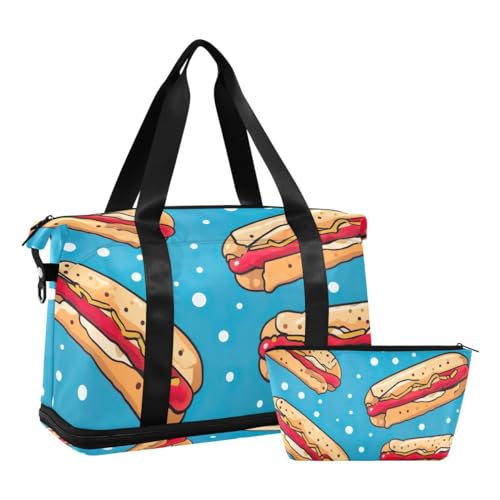 JUMBEAR Hamburg Hot Dog Sporttasche mit Nasstasche, Reisetasche für Damen und Herren, große Kapazität, Reisetasche mit Schultergurt, für Fitnessstudio, Reisen, Schwimmen, a, 48×22×39.5cm von JUMBEAR