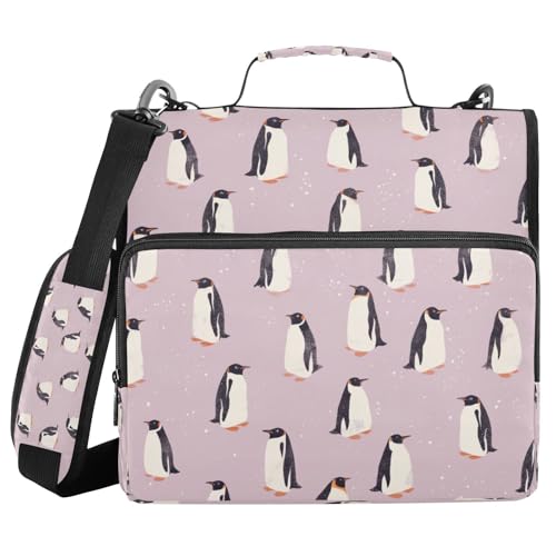 JUMBEAR Lila Pinguin-Ordner mit Reißverschluss, mit Schultergurt, 3,8 cm O-Ringe, Fächermappe, mehrere Taschen, Kapazität 600 Blatt von JUMBEAR