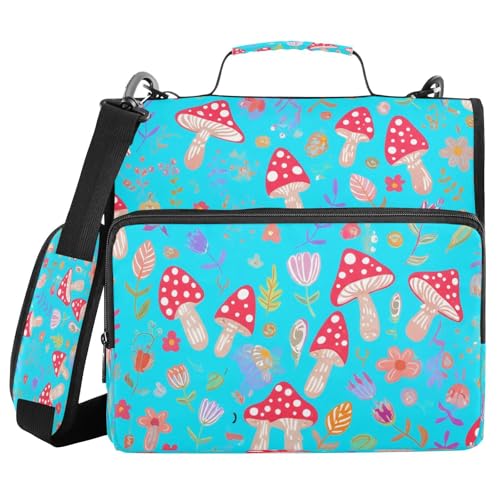 JUMBEAR Mappe mit Reißverschluss, Motiv: niedliche Pilze, mit Schultergurt, 3,8 cm O-Ringe, Fächermappe, mehrere Taschen, Kapazität 600 Blatt von JUMBEAR