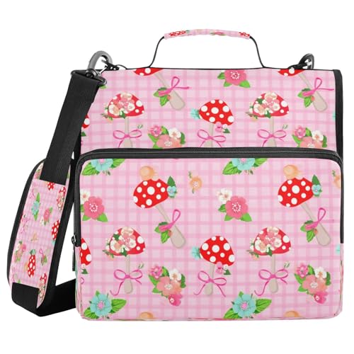 JUMBEAR Mappe mit Reißverschluss, niedliches Cartoon-Motiv, roter Pilz, mit Schultergurt, 3,8 cm O-Ringe, Fächermappe, mehrere Taschen, Kapazität 600 Blatt von JUMBEAR