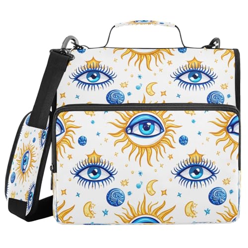 JUMBEAR Mystical Sun Eyes Ordner mit Reißverschluss, mit Schultergurt, 3,8 cm O-Ringe, Fächermappe, mehrere Taschen, Kapazität 600 Blatt von JUMBEAR