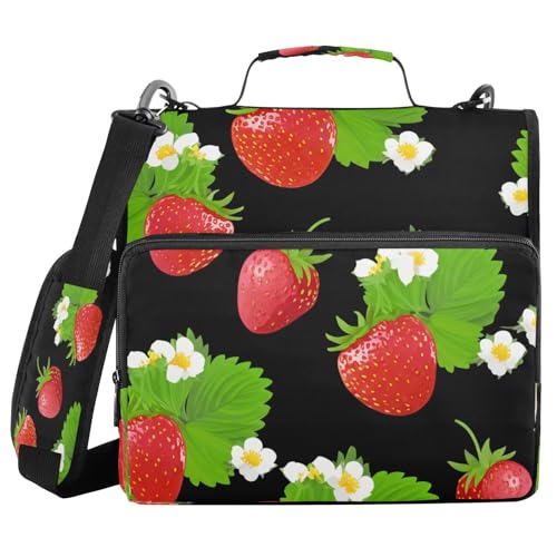 JUMBEAR Niedliche kleine Blumen und Erdbeeren mit Reißverschluss, mit Schultergurt, 3,8 cm O-Ringe, Fächermappe, mehrere Taschen, Kapazität 600 Blatt von JUMBEAR