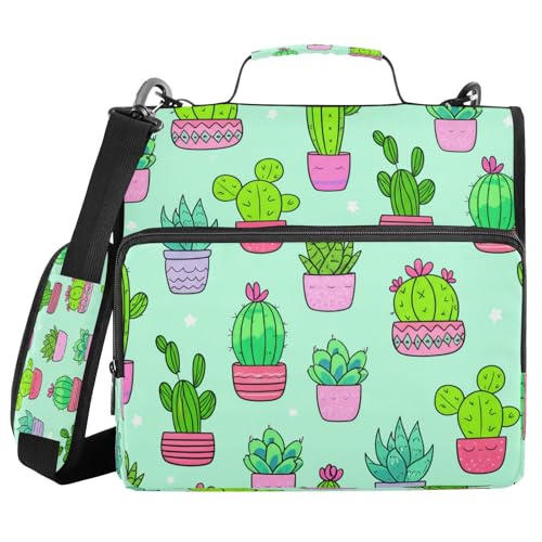 JUMBEAR Niedlicher Kaktus-Reißverschluss mit Schultergurt, 3,8 cm O-Ringe, Fächermappe, mehrere Taschen, Kapazität 600 Blatt von JUMBEAR