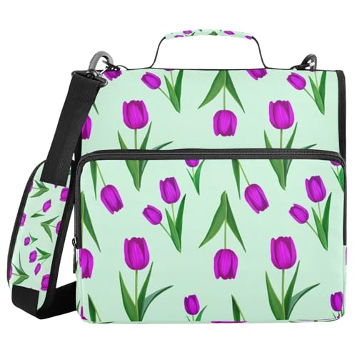 JUMBEAR Ordner mit Reißverschluss, Motiv: lila Tulpenblumen, mit Schultergurt, 3,8 cm O-Ringe, Fächermappe, mehrere Taschen, Kapazität 600 Blatt von JUMBEAR