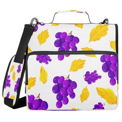 JUMBEAR Ordner mit Reißverschluss, violette Trauben und gelbe Blätter, mit Schultergurt, 3,8 cm O-Ringe, Fächermappe, mehrere Taschen, Kapazität 600 Blatt von JUMBEAR