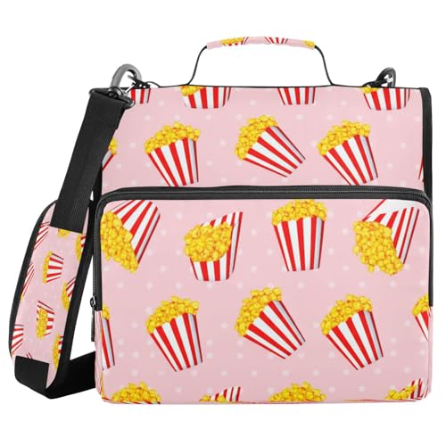 JUMBEAR Reißverschluss-Mappe mit Cartoon-Popcorn-Muster, mit Schultergurt, 3,8 cm O-Ringe, Fächermappe, mehrere Taschen, Kapazität 600 Blatt von JUMBEAR