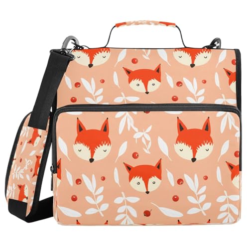 JUMBEAR Reißverschluss-Mappe mit süßem Fuchsgesicht, mit Schultergurt, 3,8 cm O-Ringe, erweiterbarer Aktenordner, mehrere Taschen, Kapazität 600 Blatt von JUMBEAR