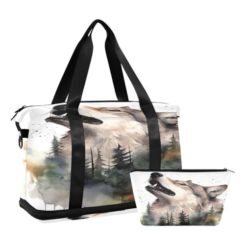 JUMBEAR Roaring Wolf Sporttasche mit Nasstasche, Reisetasche für Damen und Herren, große Kapazität, Reisetasche mit Schultergurt, für Fitnessstudio, Reisen, Schwimmen, a, 48×22×39.5cm von JUMBEAR