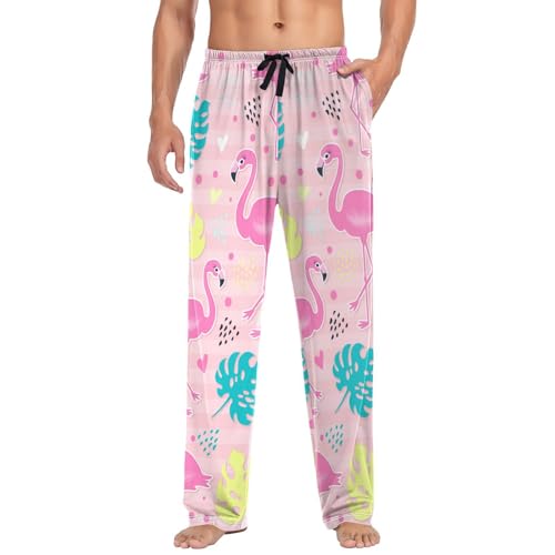JUMBEAR Rosa Tropische Flamingo Baumwolle Pyjamahose Herren Lounge Hose Weiche Männer Pyjamahose mit Kordelzug Taschen, Urlaubsstil, XXL von JUMBEAR