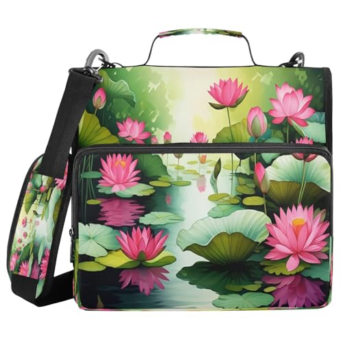 JUMBEAR Schöne Lotusblumen-Ordner mit Reißverschluss, mit Schultergurt, 3,8 cm O-Ringe, Fächermappe, mehrere Taschen, Kapazität 600 Blatt von JUMBEAR