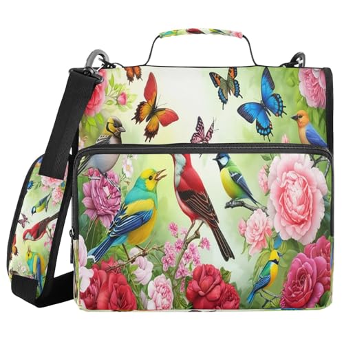 JUMBEAR Schöne Pfingstrosen und Vögel, Reißverschluss-Mappe mit Schultergurt, 3,8 cm O-Ringe, Fächermappe, mehrere Taschen, Kapazität 600 Blatt von JUMBEAR