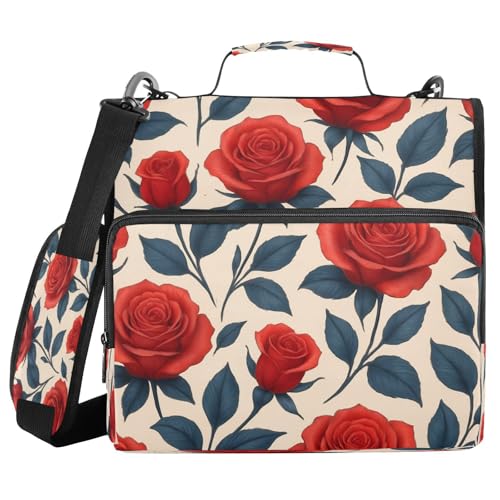 JUMBEAR Schöne Rosen-Ordner mit Reißverschluss, mit Schultergurt, 3,8 cm O-Ringe, Fächermappe, mehrere Taschen, Kapazität 600 Blatt von JUMBEAR