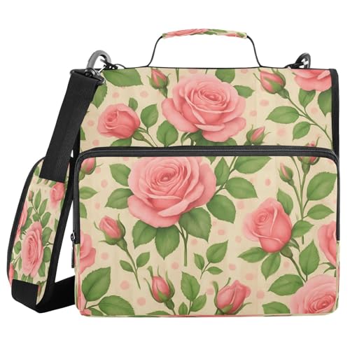 JUMBEAR Schöne Rosen-Ordner mit Reißverschluss, mit Schultergurt, 3,8 cm O-Ringe, Fächermappe, mehrere Taschen, Kapazität 600 Blatt von JUMBEAR