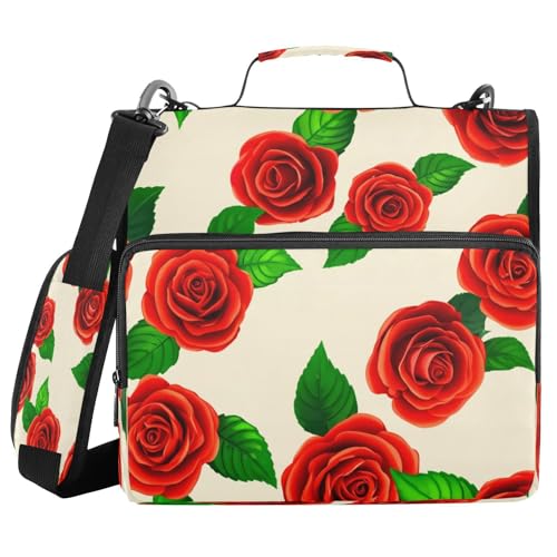 JUMBEAR Schöne Rosen-Ordner mit Reißverschluss, mit Schultergurt, 3,8 cm O-Ringe, Fächermappe, mehrere Taschen, Kapazität 600 Blatt von JUMBEAR