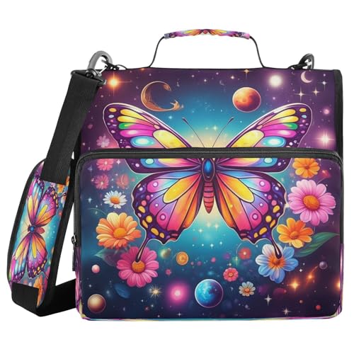 JUMBEAR Schöner Schmetterlings-Ordner mit Reißverschluss, mit Schultergurt, 3,8 cm O-Ringe, erweiterbarer Aktenordner, mehrere Taschen, Kapazität 600 Blatt von JUMBEAR