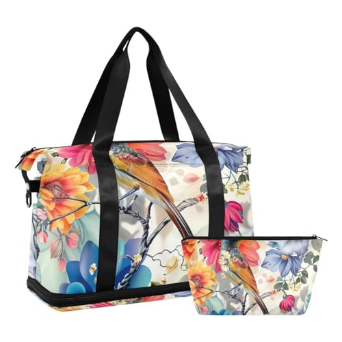 JUMBEAR Sporttasche, Motiv: Blumen und Vögel, Reisetasche mit Nasstasche, Reisetasche für Damen und Herren, große Kapazität, mit Schultergurt, für Fitnessstudio, Reisen, Schwimmen, a, 48×22×39.5cm von JUMBEAR