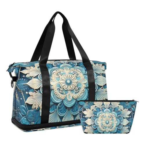 JUMBEAR Sporttasche im Vintage-Mandala-Design, mit Nassfach, Reisetasche für Damen und Herren, große Kapazität, mit Schultergurt, für Fitnessstudio, Reisen, Schwimmen, a, 48×22×39.5cm von JUMBEAR