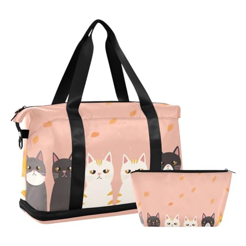 JUMBEAR Sporttasche mit Katzen-Motiv in einer Reihe, mit Nassfach, Reisetasche für Damen und Herren, große Kapazität, mit Schultergurt, für Fitnessstudio, Reisen, Schwimmen, a, 48×22×39.5cm von JUMBEAR