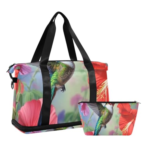 JUMBEAR Sporttasche mit Kolibris und schönen Blumen, Reisetasche mit Nassfach, Reisetasche für Damen und Herren, große Kapazität mit Schultergurt für Fitnessstudio, Reisen, Schwimmen, a, 48×22×39.5cm von JUMBEAR