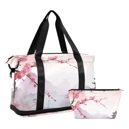 JUMBEAR Sporttasche mit Nassfach, für Damen und Herren, große Kapazität, mit Schultergurt, für Fitnessstudio, Reisen, Schwimmen, Pink Cherry Blossoms, a, 48×22×39.5cm von JUMBEAR