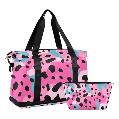 JUMBEAR Sporttasche mit Nassfach, für Damen und Herren, große Kapazität, mit Schultergurt, für Fitnessstudio, Reisen, Schwimmen, Rosa mit Leopardenmuster, a, 48×22×39.5cm von JUMBEAR