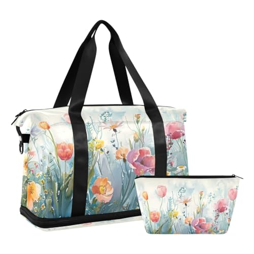 JUMBEAR Sporttasche mit Nasstasche, Motiv: Frühlingsblumen, Reisetasche für Damen und Herren, große Kapazität, Reisetasche mit Schultergurt, für Fitnessstudio, Reisen, Schwimmen, a, 48×22×39.5cm von JUMBEAR