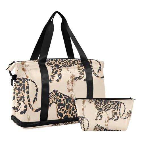 JUMBEAR Sporttasche mit Nasstasche, Motiv: Goldener Leopardenmuster, Reisetasche für Damen und Herren, großes Fassungsvermögen, mit Schultergurt, für Fitnessstudio, Reisen, Schwimmen, a, 48×22×39.5cm von JUMBEAR