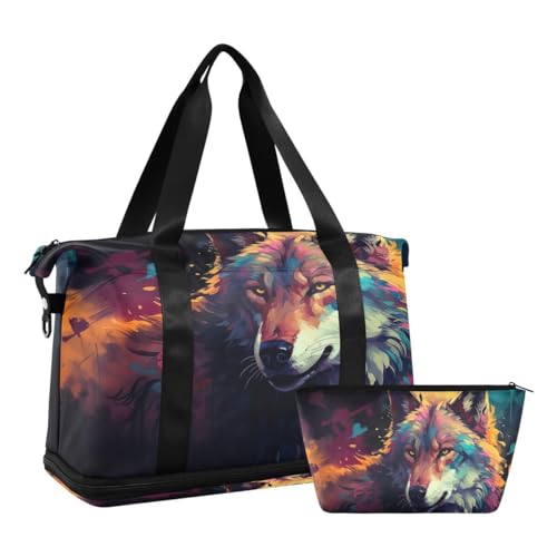 JUMBEAR Sporttasche mit Nasstasche, Motiv: Traumhafte und bunte Wolf, Reisetasche für Damen und Herren, große Kapazität mit Schultergurt für Fitnessstudio, Reisen, Schwimmen, a, 48×22×39.5cm von JUMBEAR