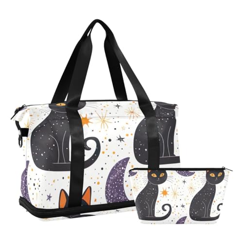 JUMBEAR Sporttasche mit Nasstasche, Motiv: schwarze Katze und Mond, Reisetasche für Damen und Herren, große Kapazität, mit Schultergurt, für Fitnessstudio, Reisen, Schwimmen, a, 48×22×39.5cm von JUMBEAR