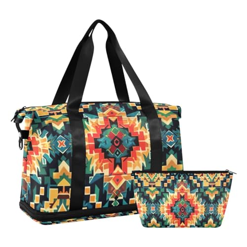 JUMBEAR Sporttasche mit Nasstasche, Tribal-Aztekenmuster, Reisetasche für Damen und Herren, große Kapazität, mit Schultergurt, für Fitnessstudio, Reisen, Schwimmen, a, 48×22×39.5cm von JUMBEAR