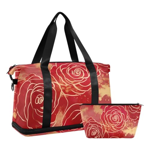 JUMBEAR Sporttasche mit Nasstasche, schöne rote Rosen, Reisetasche für Damen und Herren, große Kapazität, Reisetasche mit Schultergurt, für Fitnessstudio, Reisen, Schwimmen, a, 48×22×39.5cm von JUMBEAR