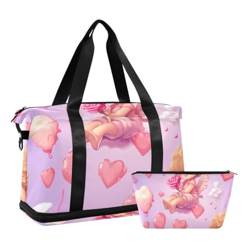 JUMBEAR Sporttasche mit niedlichem Cupid, Reisetasche mit Nassfach, Reisetasche für Damen und Herren, große Kapazität, mit Schultergurt, für Fitnessstudio, Reisen, Schwimmen, a, 48×22×39.5cm von JUMBEAR